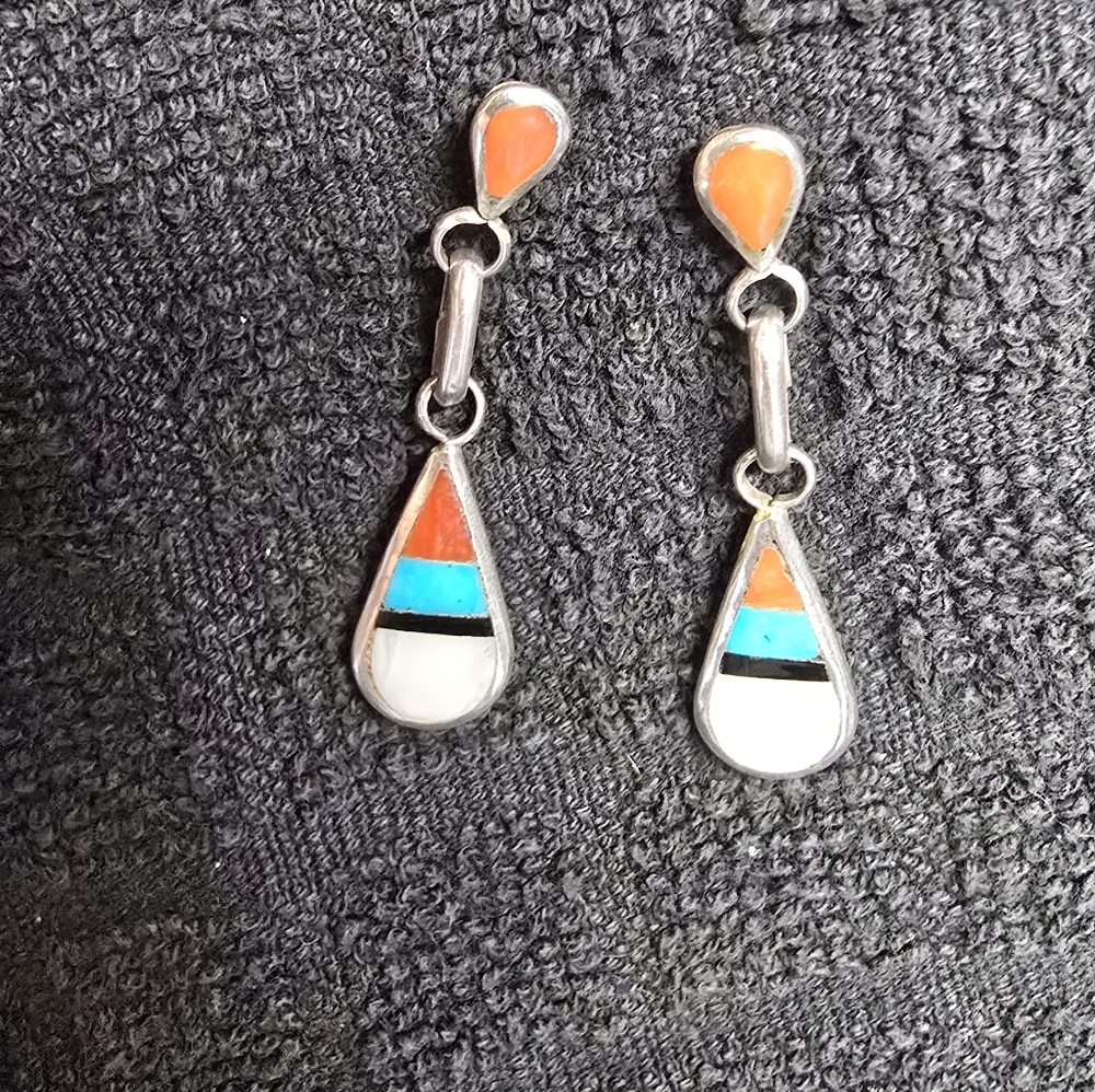 Native American Zuni Sterling Silver, Turquoise Coral Jet Inlay Earrings